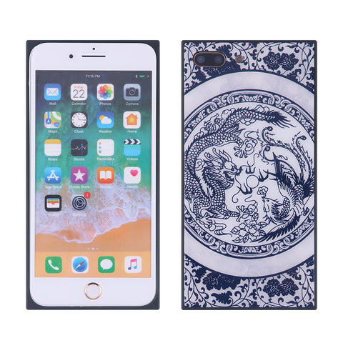 China Style Square Glass Phone Case Blue and White Porcelain Phone Shell for iPhone